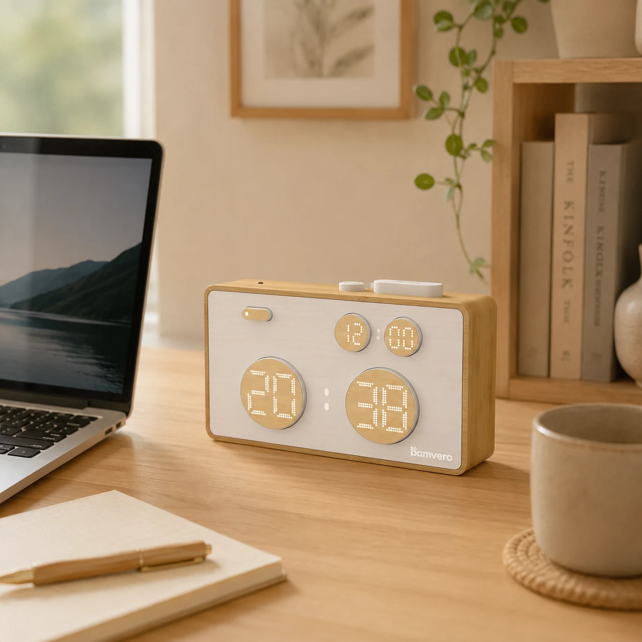 Bamboo Fidget Alarm Clock displayed on a modern office desk
