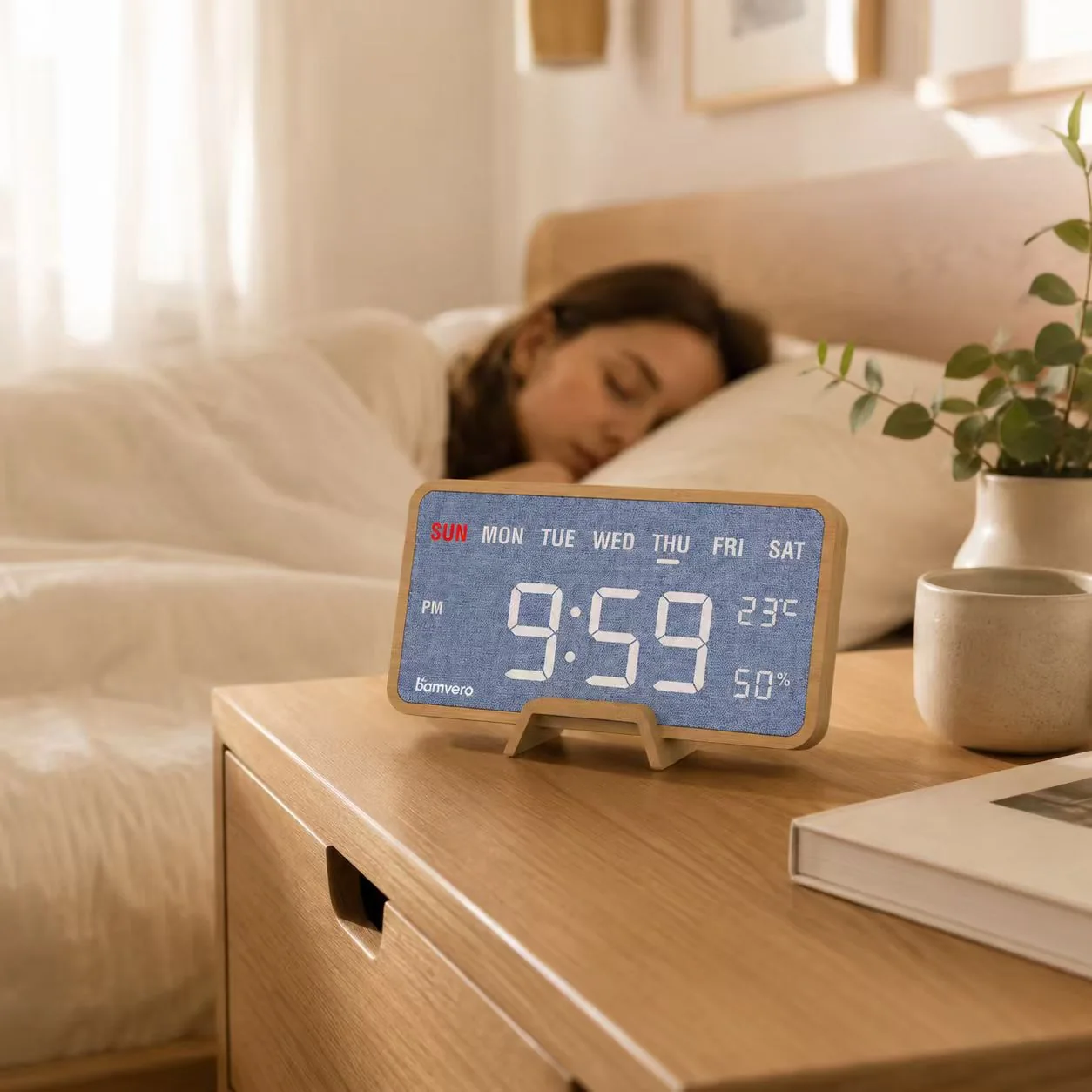 Bamboo fabric clock on a bedside table with desktop stand for small-space decor buyers