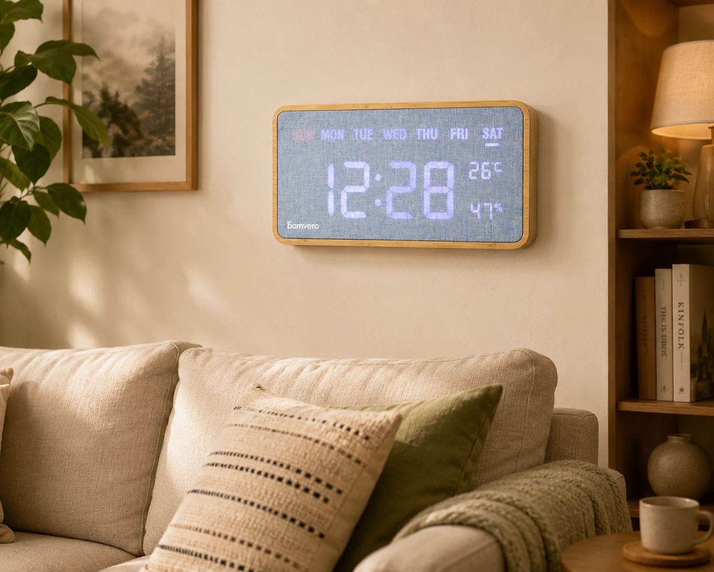 G290 bamboo fabric wall clock shown in a warm living room scene