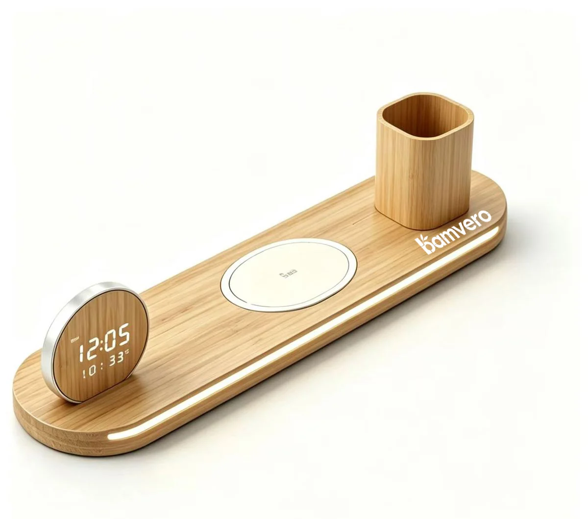 Bamboo desk clock with wireless charging for retail buyers