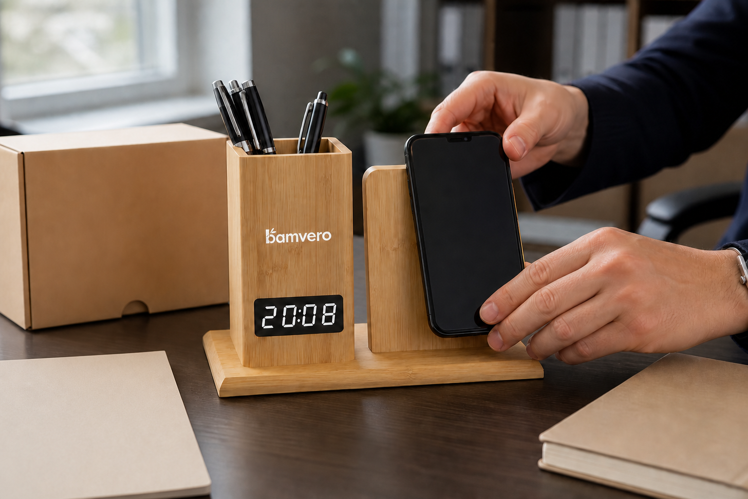 Procurement manager reviewing the W125 bamboo charging pen holder clock in a corporate gift sample scene