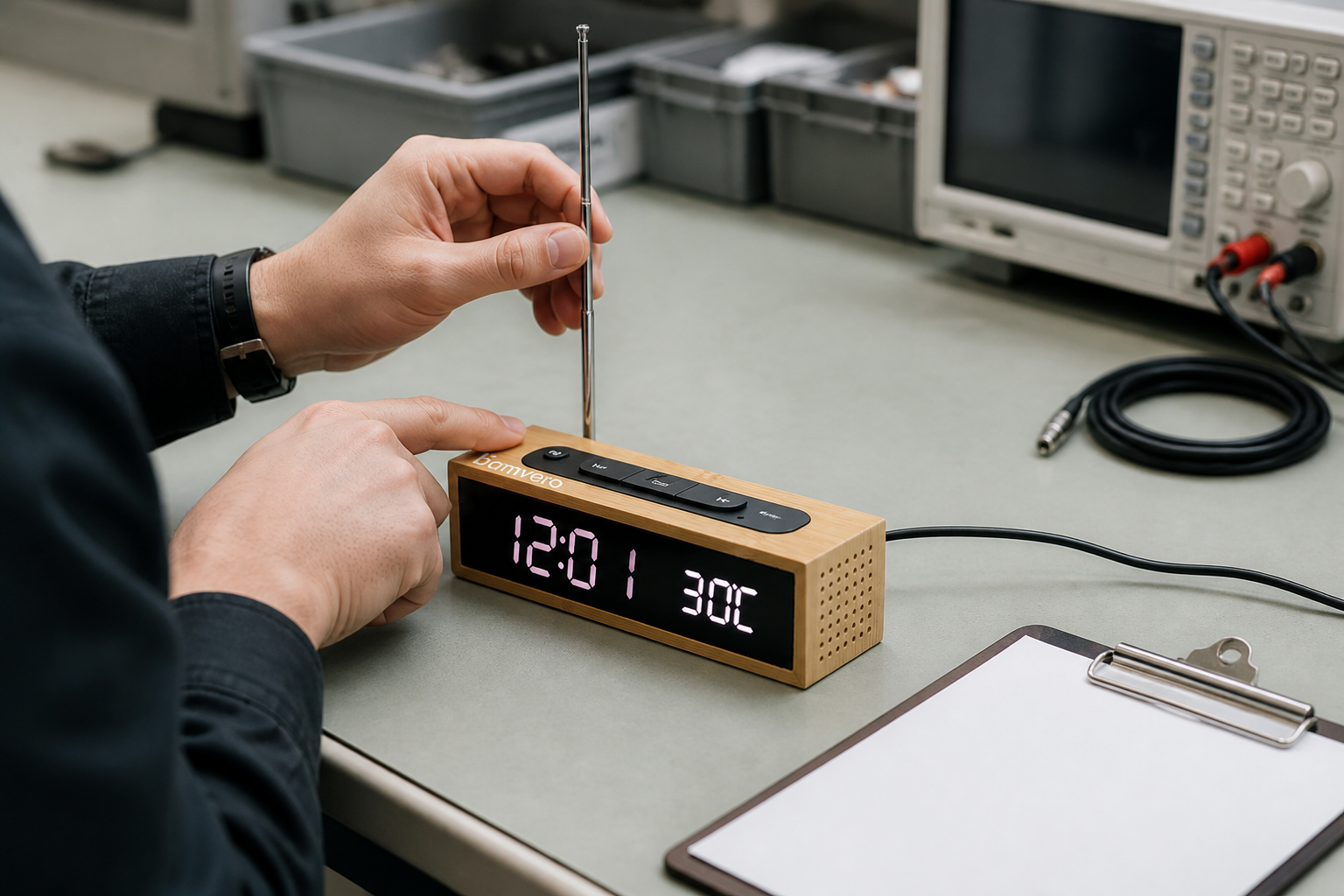 Engineer checking the antenna and top controls of a 2609B bamboo FM radio alarm clock on an OEM validation bench