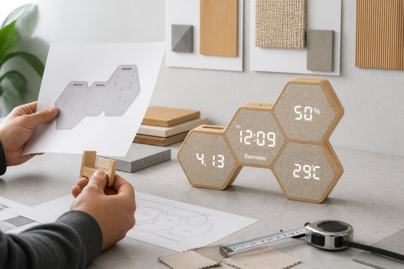 Engineer comparing wall-mount and tabletop placement for a G268 bamboo geometric LED clock OEM sample