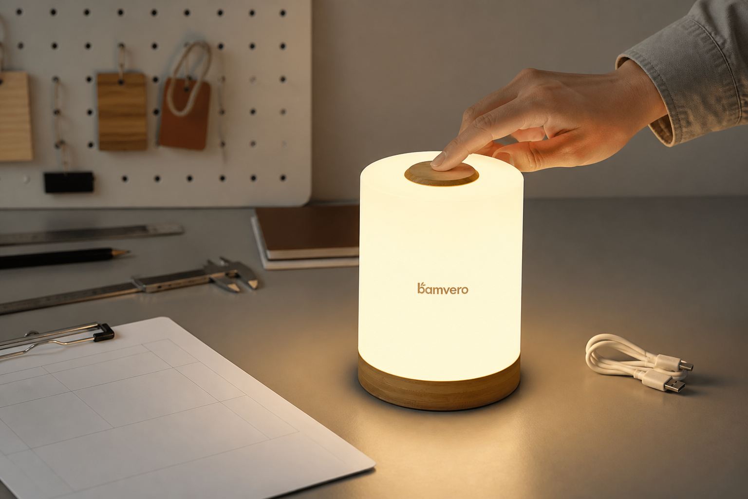 Buyer touching the bamboo top of one illuminated T2633 table lamp during a functional sample review
