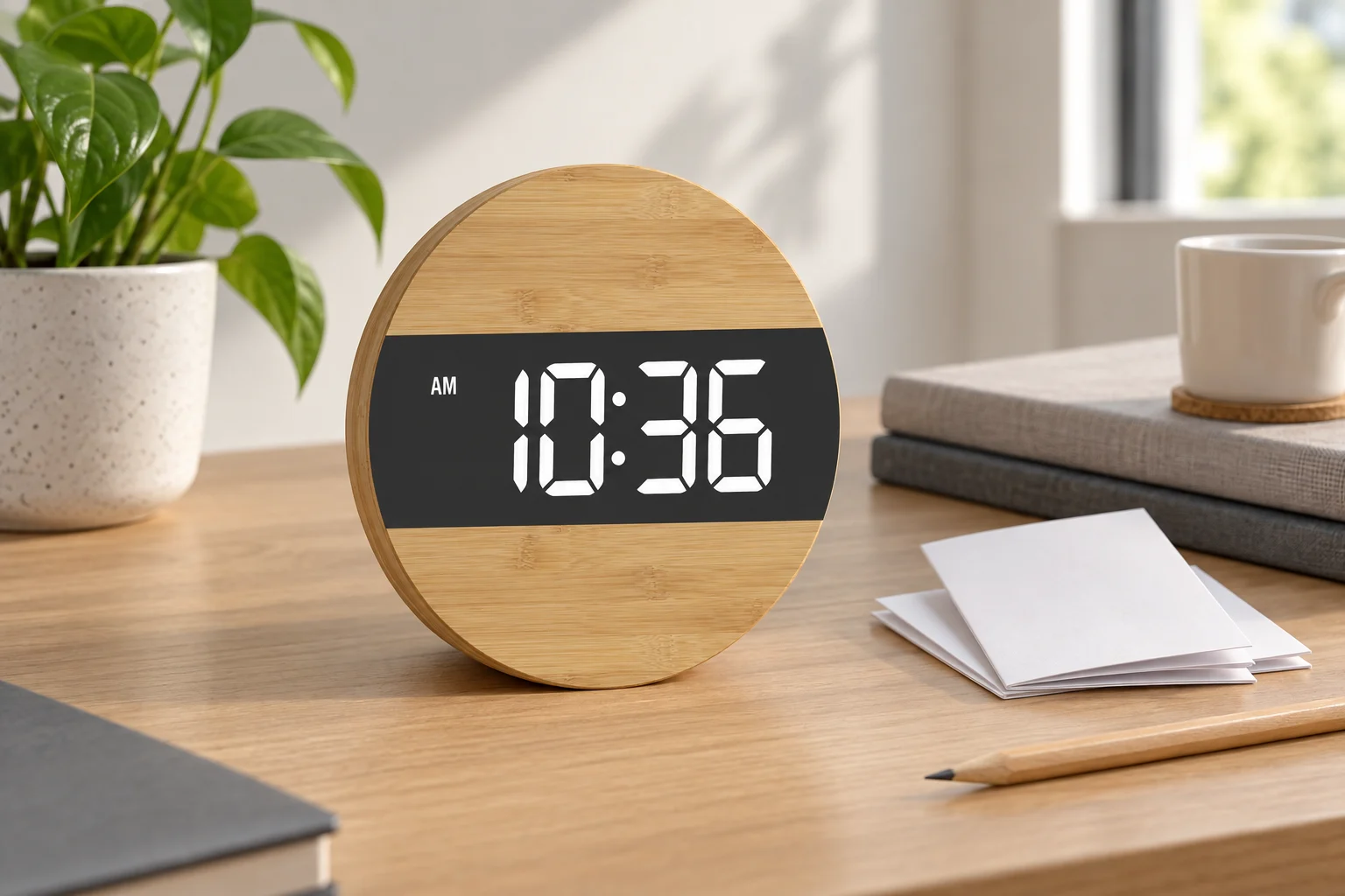 G218D-style round clock beside blank instruction leaflets on a sample review desk, AI concept