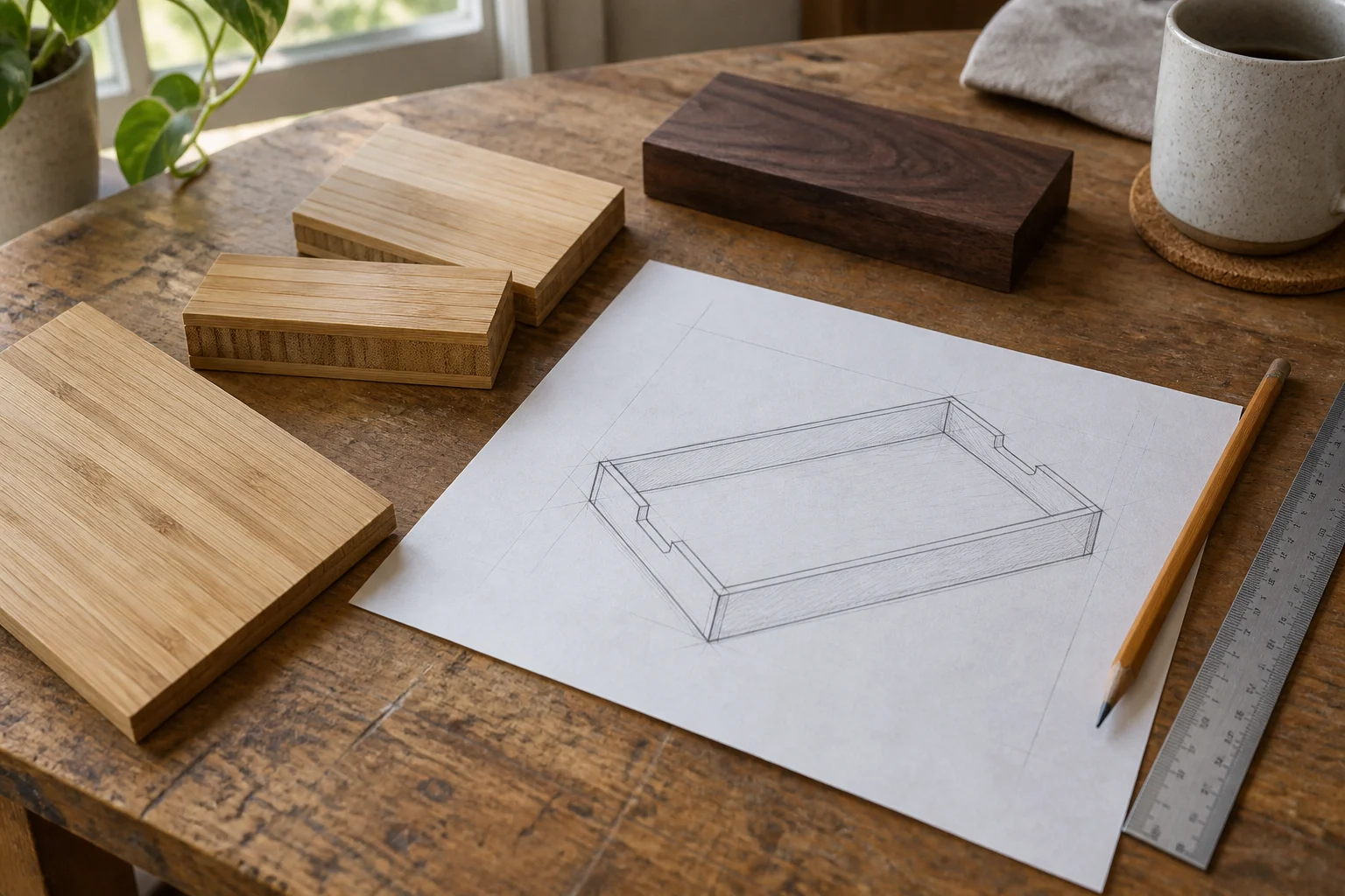 Bamboo and wood offcuts beside a desk tray sketch and ruler on a worktable, AI concept