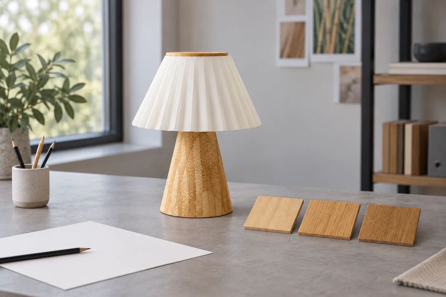 Bamboo pleated lamp and three finish swatches on a review desk, AI concept