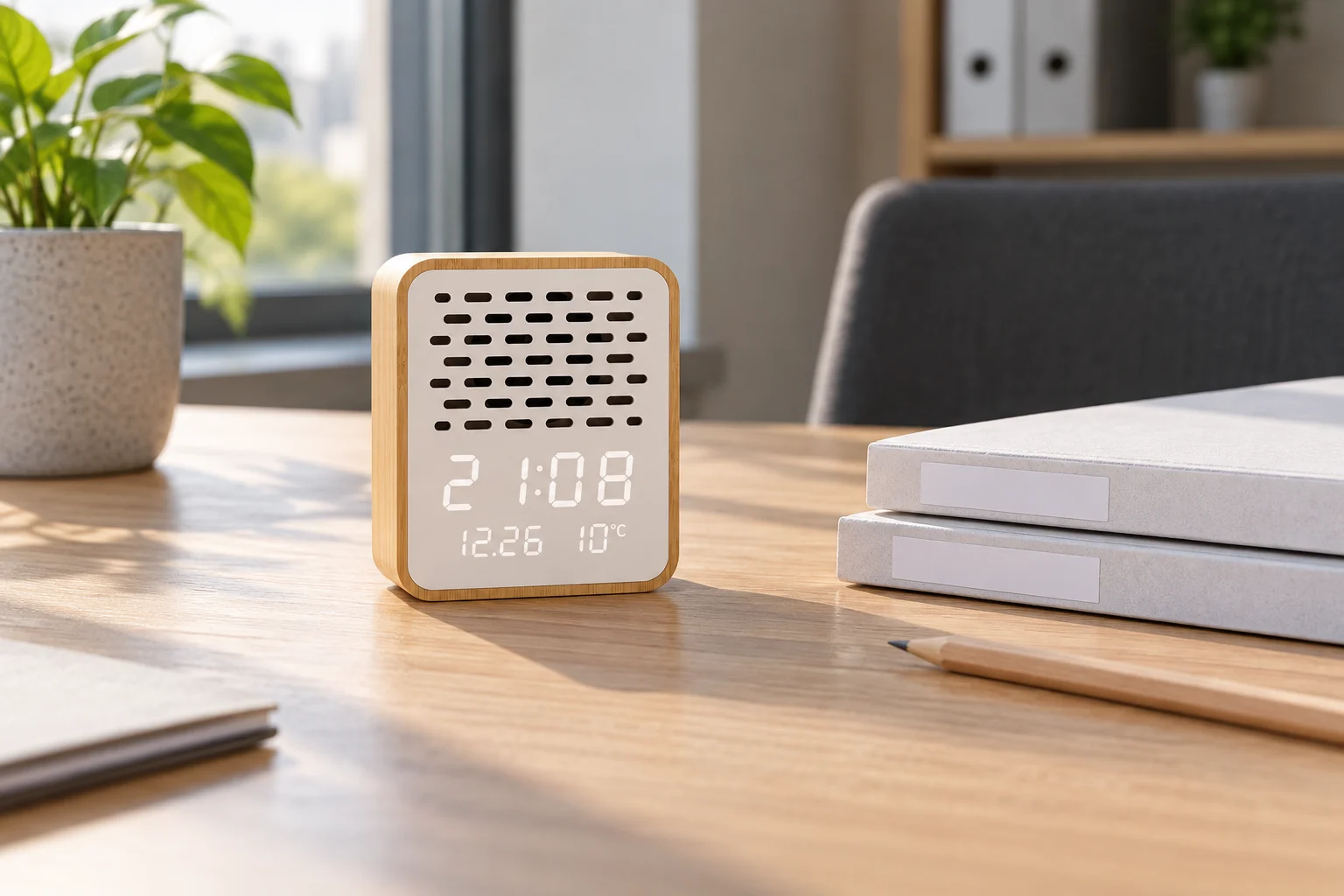 Y130-3-style speaker clock beside revision folders on a review desk, AI concept
