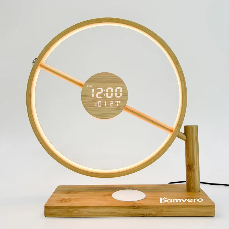 Front view of round bamboo LED clock lamp