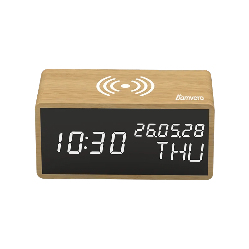 1609 Eco Bamboo Wireless Charging Clock product view for B2B sourcing