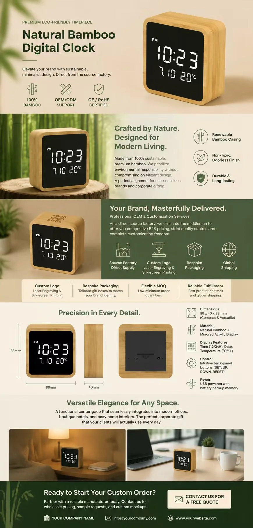 2101 Compact Bamboo Mirror LED Clock detail page with product specifications and OEM notes