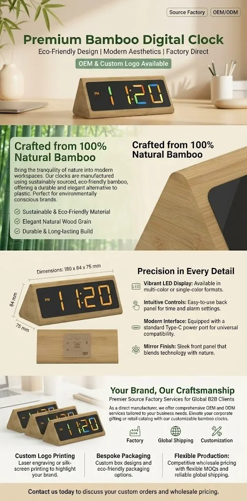 2109 Triangular Bamboo RGB LED Clock detail page with product specifications and OEM notes