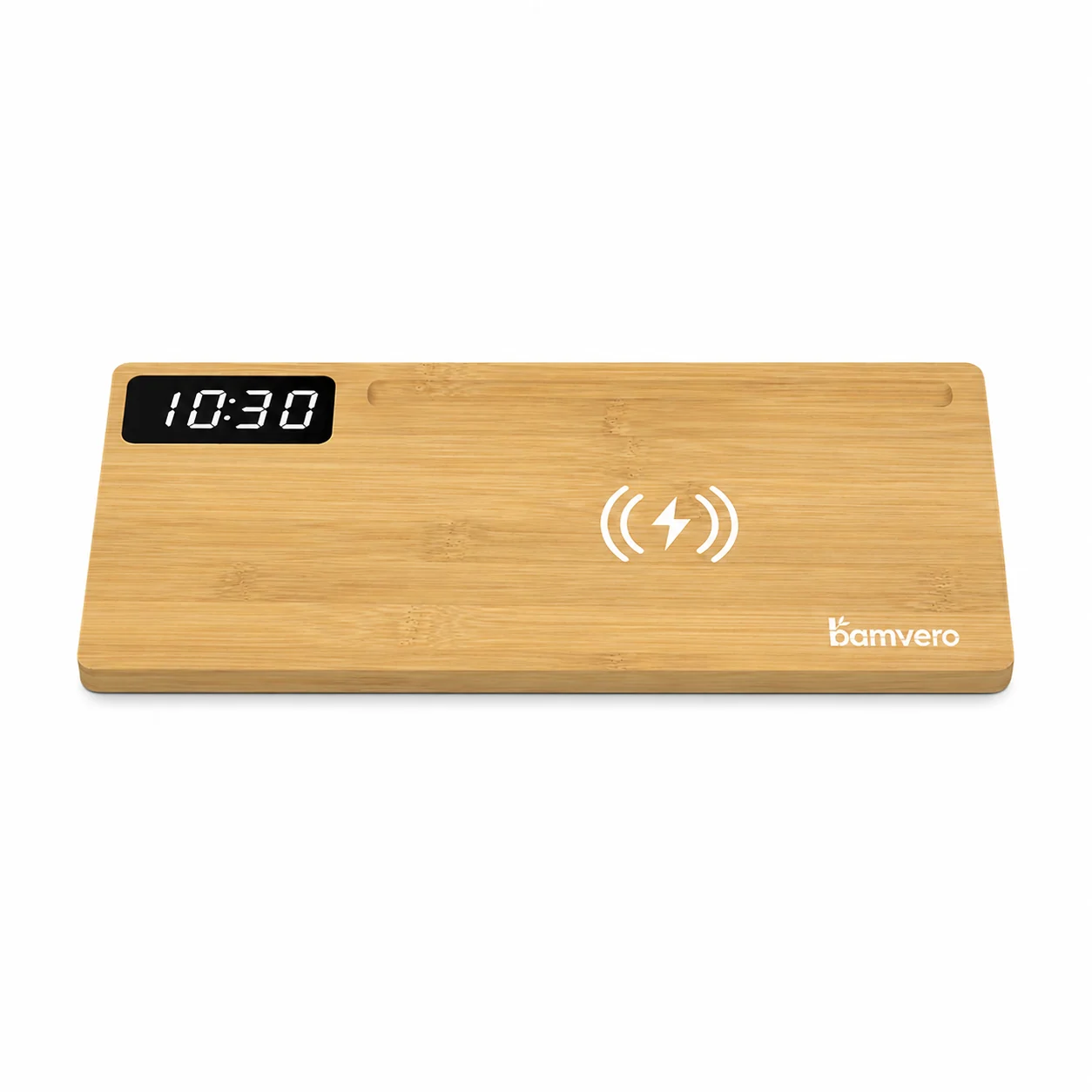 W110A Bamboo Wireless Charging Clock Desk Organizer product view for B2B sourcing