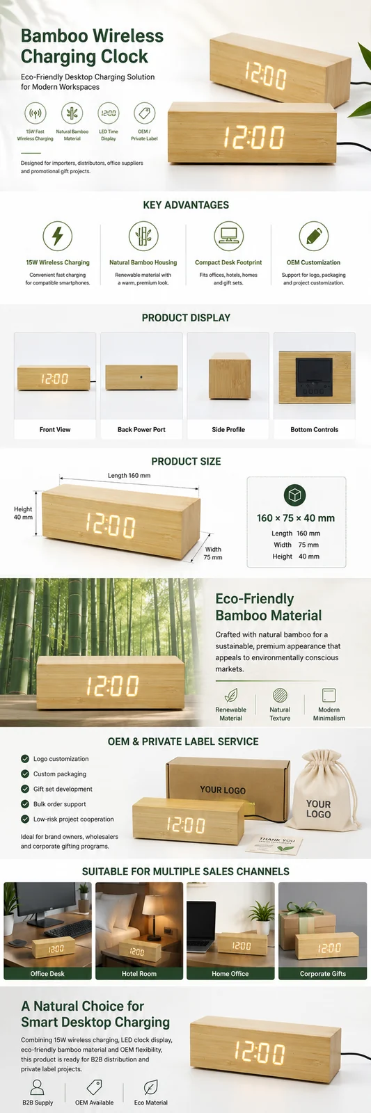 W118 Bamboo Wireless Charging Clock OEM detail page with features and product specifications