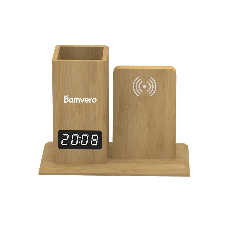 W125 Bamboo Wireless Charging Pen Holder Clock preview