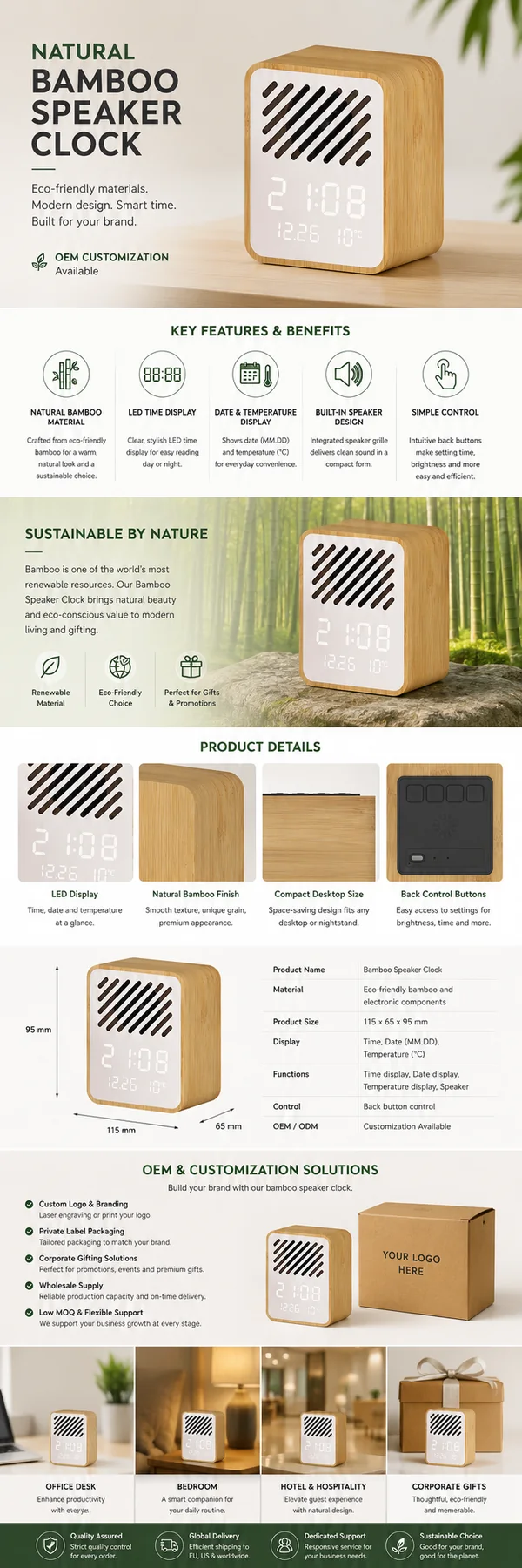 Y130-1 竹製Bluetoothスピーカー時計 detail page with specifications and OEM speaker clock sourcing notes